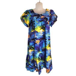 Vintage Blue Hawaiian Sunset Muumuu tropical luau cruise Island Beach Dress L
